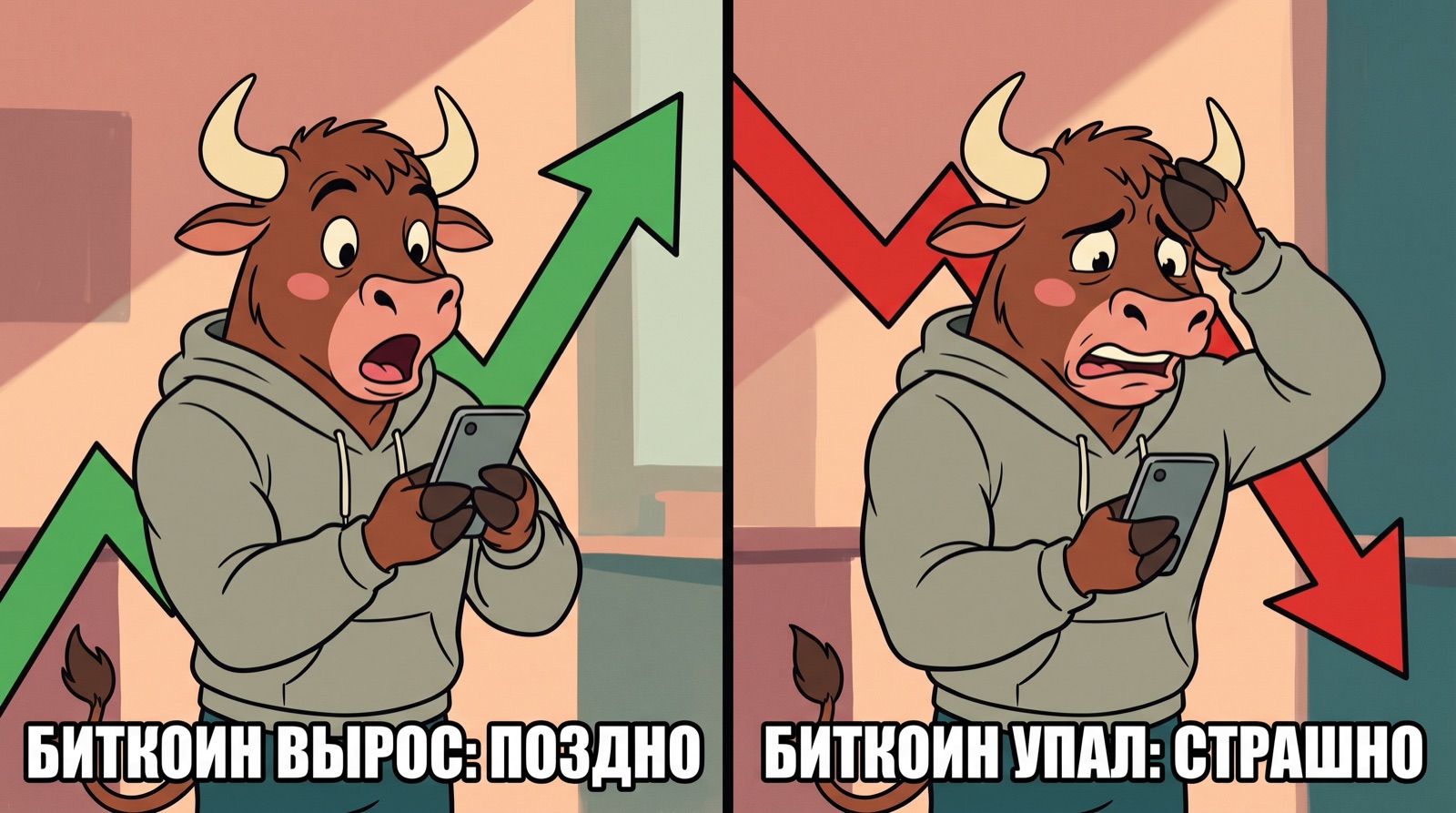 Мем: биткоин вырос, поздно; биткоин упал, страшно