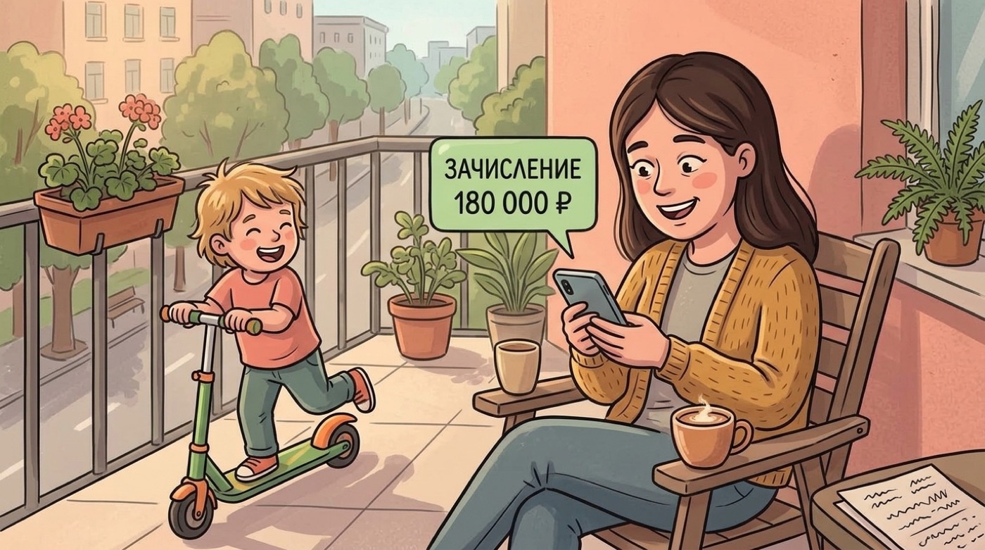 Солнечное утро, женщина с кофе улыбается уведомлению зачисление 180 000 рублей, ребёнок с самокатом