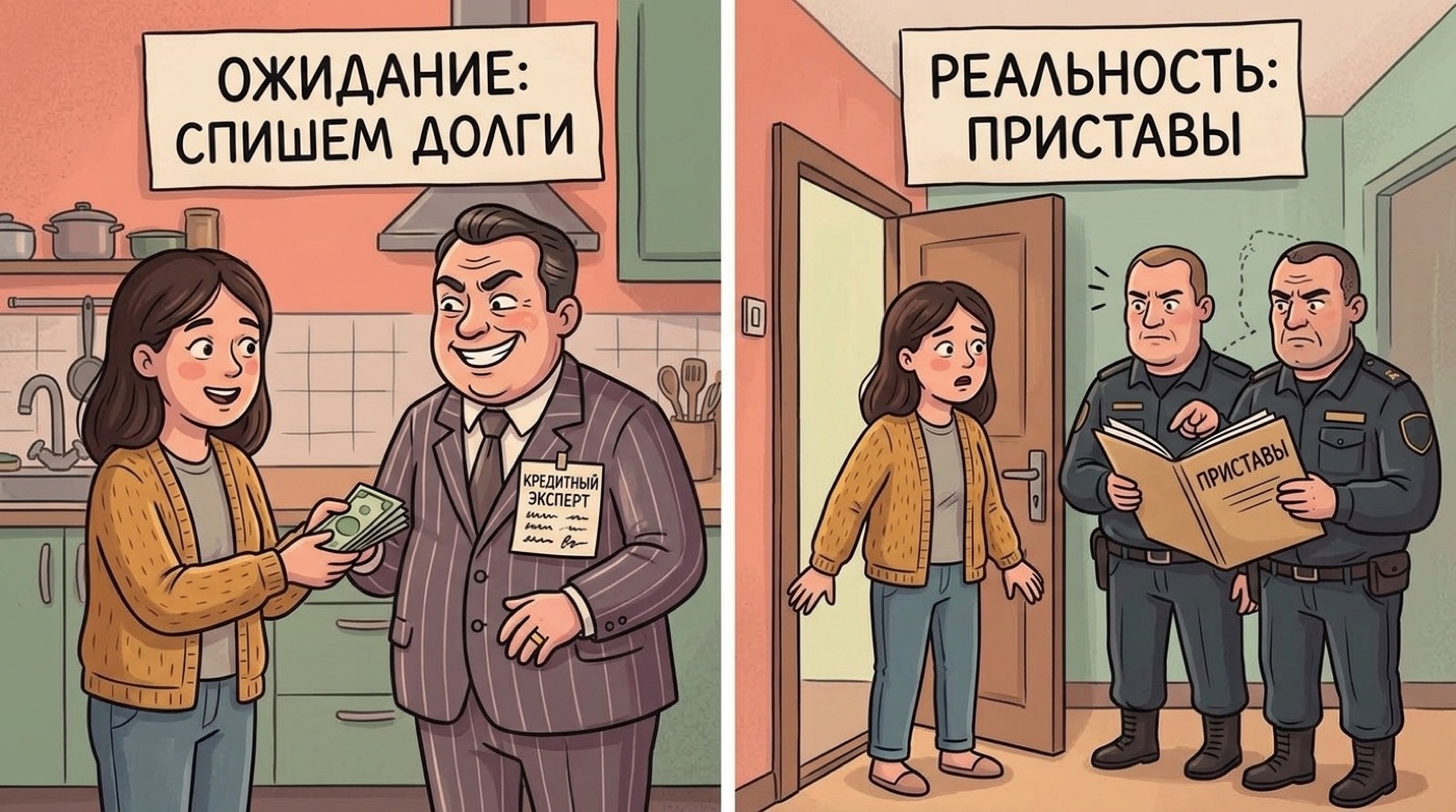 Мем в две панели: ожидание, спишем долги; реальность, приставы у двери