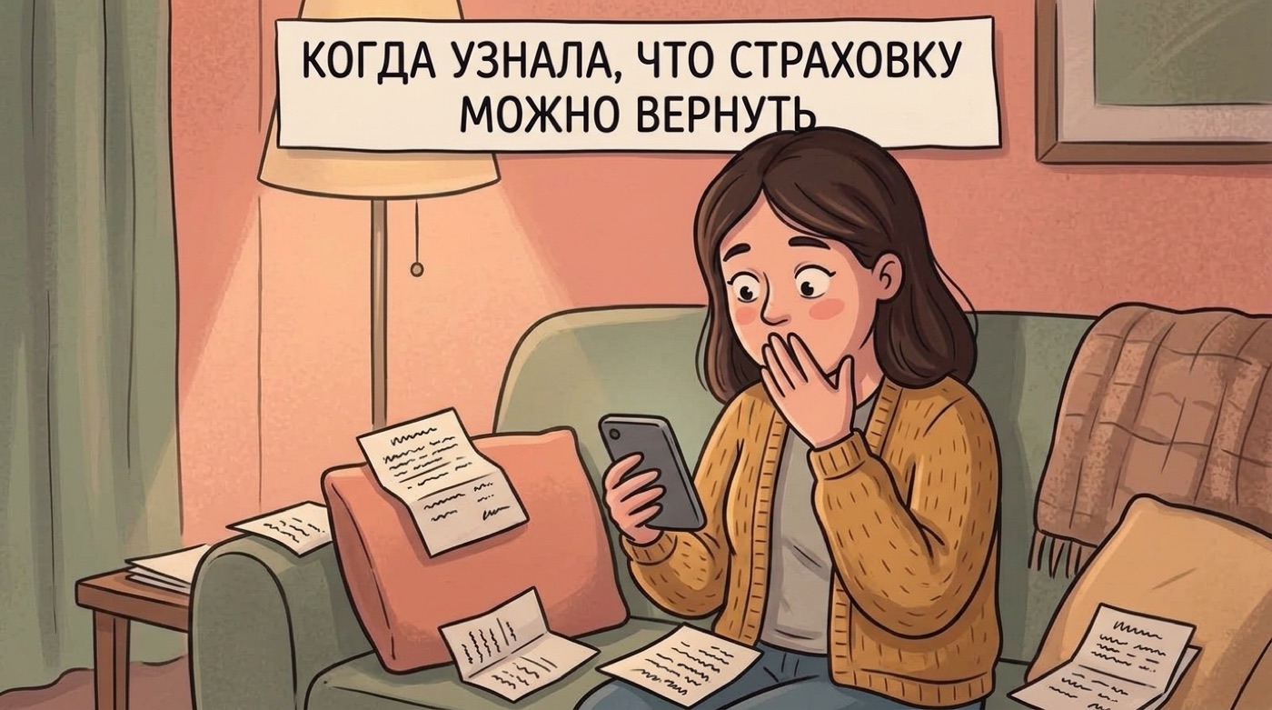 Мем: женщина на диване в шоке читает телефон, когда узнала, что страховку можно вернуть