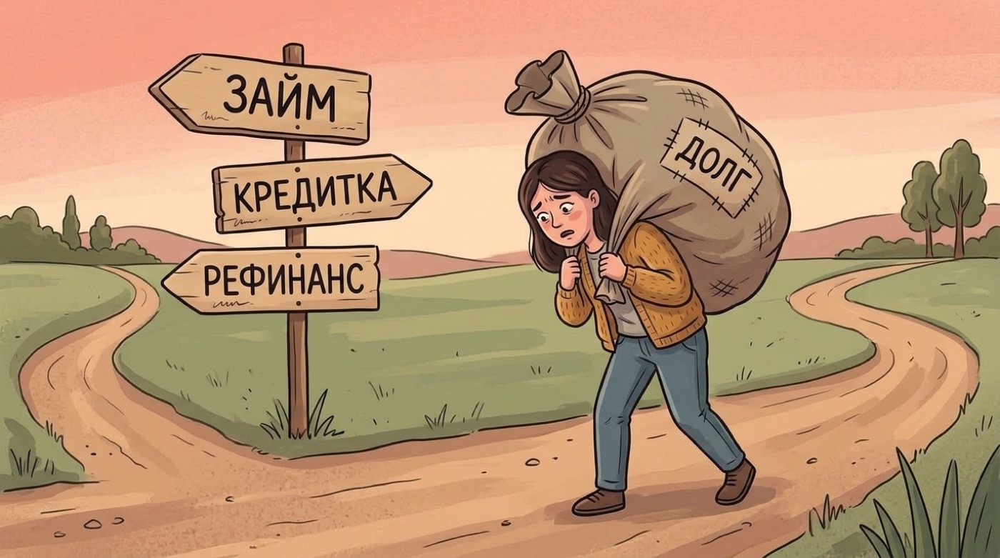 Женщина тащит огромный мешок с надписью долг, перед ней указатели займ, кредитка, рефинанс