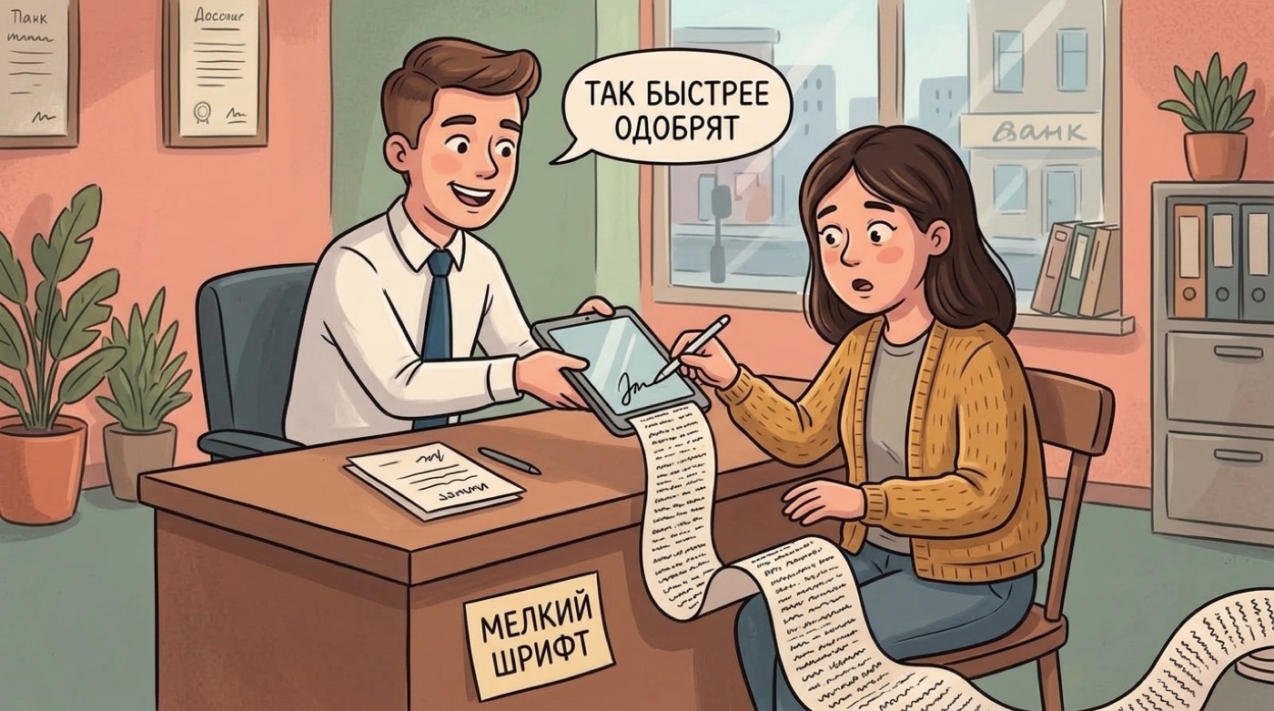 Менеджер банка протягивает планшет: так быстрее одобрят, со свитком мелкого шрифта до пола